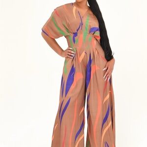 Vibrant Brown Jumpsuit with Multicolor Accents
